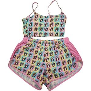 Bucees Girls Size M Pink‎ Swimsuit Crop Top Shorts Set All Over Print